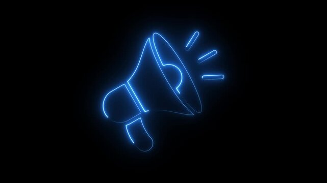 Neon blue megaphone animation, glowing digital marketing and announcement symbol on black background