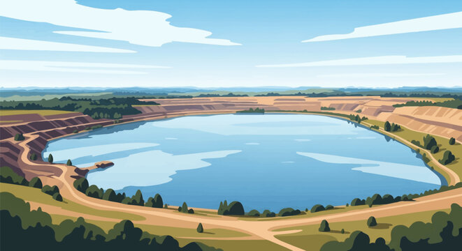 Flat vector illustration of the Cottbuser Ostsee, a former open-pit lignite mine being flooded to create an artificial lake in Brandenburg, Germany, with terraced landscape.