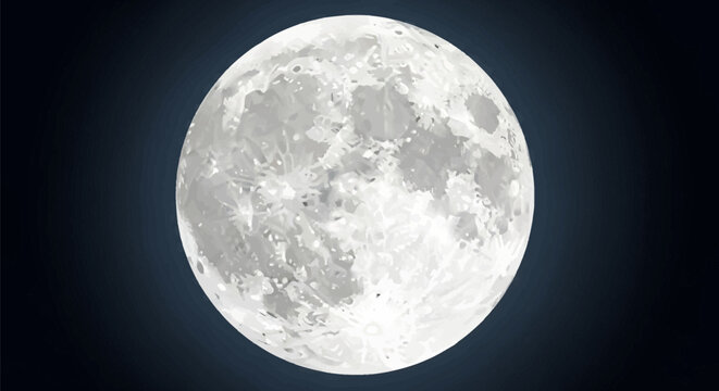 A detailed digital illustration of a full moon featuring visible craters and rocky surface textures, centrally isolated against a dark black and navy blue gradient night sky background.
