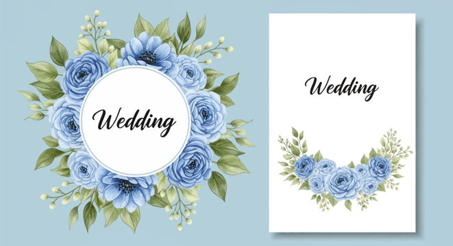 Wedding invitation template featuring blue rose and anemone floral wreath and card design with green leaves. Watercolor illustration style on light blue and white background.