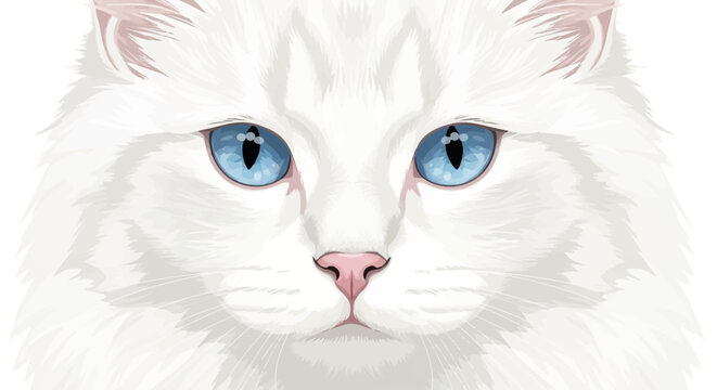 Vector illustration of a white fluffy cat's muzzle with bright blue eyes and a pink nose, detailed long hair texture, symmetrical animal portrait isolated on a white background.