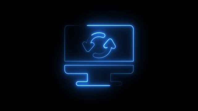 Neon blue computer monitor with rotating refresh arrows animation for digital technology and software ui