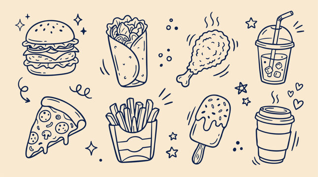 Fast Food Hand Drawn Vector Icon Set for Menu and Restaurant