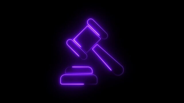 Neon purple judge gavel animation, legal system and justice concept, glowing law court symbol on black background