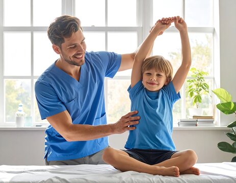 A young boy, seated on a white surface, performs an arm exercise with assistance from a cheerful male professional