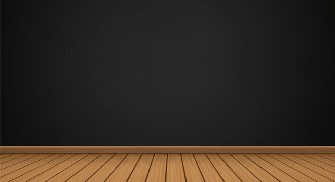 Interior view of an empty room featuring a dark black charcoal wall background and a light natural brown wood plank floor with baseboard trim for studio product display.