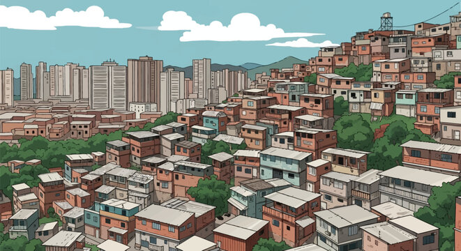 Stylized vector illustration of a densely populated favela on a green hillside featuring colorful multi-story houses overlooking a modern urban skyline with skyscrapers and clouds.
