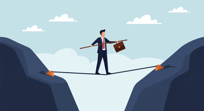 Flat vector illustration of a businessman in a suit and red tie walking on a tightrope across a mountain chasm while holding a balancing pole and a briefcase for stability.