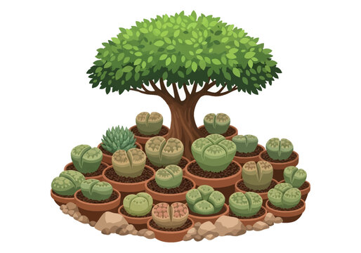 Vector illustration of multiple Lithops succulent plants in terracotta pots arranged under a lush green bonsai tree on a white background with decorative stones at the base.
