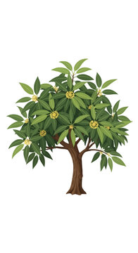 Vector illustration of a Cinnamomum camphora tree with dense green lanceolate foliage and small yellow flower clusters, isolated on white background, detailed botanical graphic.