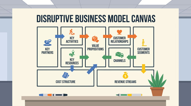 Disruptive Business Model Canvas Drawn on Large Office Wall