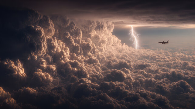 Travel trip journey. A dramatic portrayal of a vast sky filled with swirling clouds, illuminated by a radiant lightning bolt. The sky is a gradient of deep blues and purples.