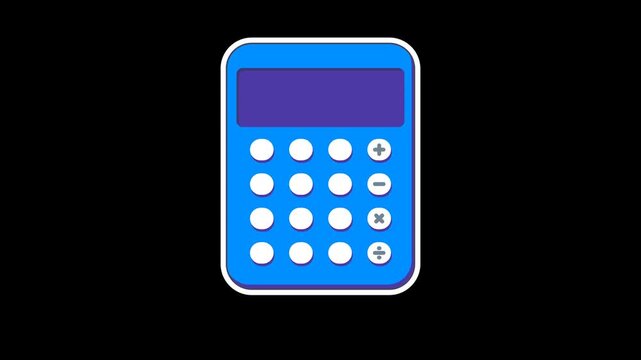 Seamless looping animation of a bouncing blue calculator with office and school stationery for back to school and business. Sticker design element isolated on transparent alpha channel