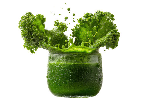 Vibrant green kale smoothie inside glass with explosive liquid splash and fresh leafy greens isolated on transparent background for healthy lifestyle and professional food and wellness