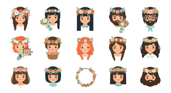 Spring and Summer Celebration Portraits: Happy Diverse People and Children with Floral Flower Crowns. Flat Vector Illustration.