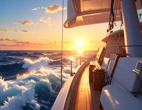 Iate &agrave; vela no oceano ao p&ocirc;r do sol