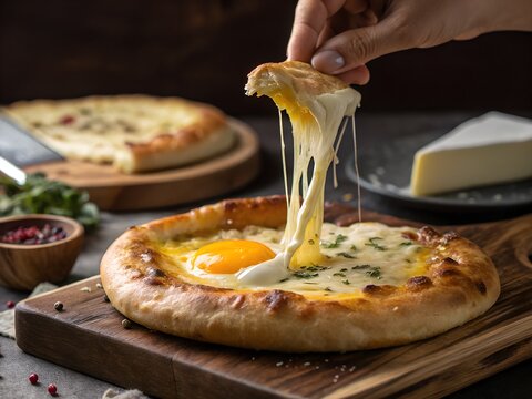 Georgian Khachapuri Adjaruli Cheese Bread Boat, Dramatic Cheese Pull with Runny Egg Yolk, Hand Pulling Melted Cheese
