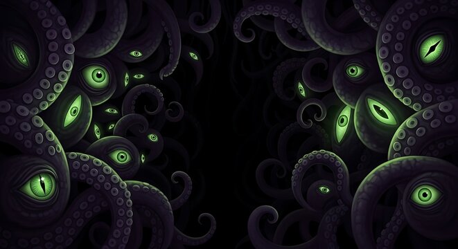 Glowing tentacles form a mystical border on a dark fantasy frame background.