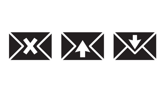 Envelope icons with delete, up and down arrows on black background for data transfer concepts