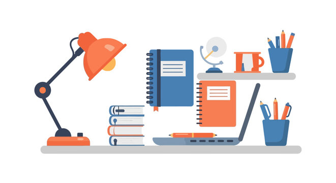 Flat illustration of a study desk workspace.