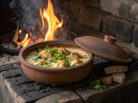 Georgian Shkmeruli Garlic Chicken in Sizzling Clay Ketsi Pot Over Open Fire, Creamy Sauce with Coriander, Rustic Stone Kitchen
