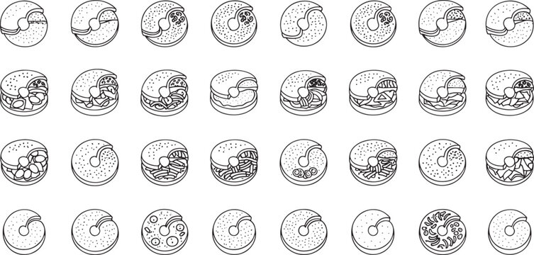 Collection of black and white line of various bagel sandwiches and plain bagels food outline