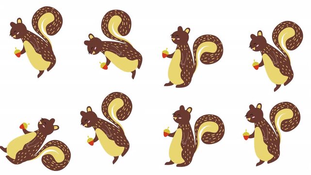 Brown furry cartoon squirrels with golden autumn nut snacks, suitable for fallthemed designs, childrens illustrations, and naturerelated content.