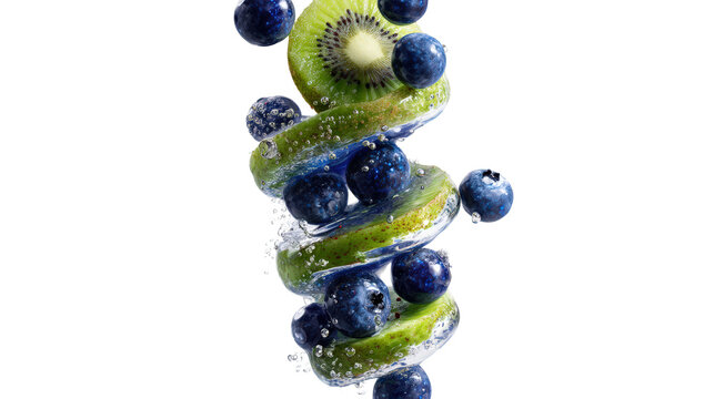 Juicy kiwi segments and blueberries suspended in a vertical helix pattern with water droplets isolated on transparent background for creative culinary design and refreshing fruit beverage