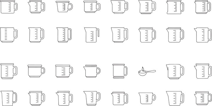Collection of outline measuring cups and spoons with measurement markings kitchenware cooking baking