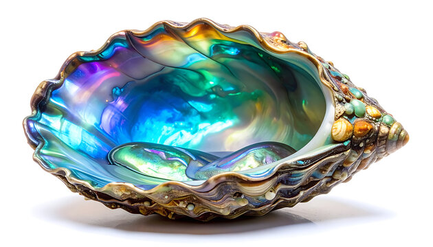 Iridescent abalone shell interior reflecting vibrant rainbow colors, detailed mother of pearl texture, natural organic shape, isolated on white background