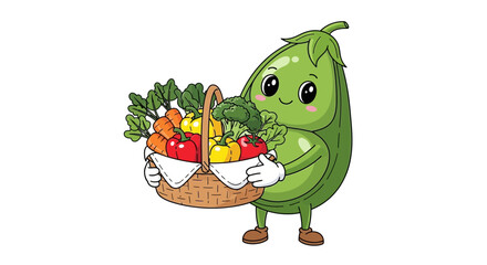 Cute cartoon cucumber character holding a basket of fresh vegetables © Lahir