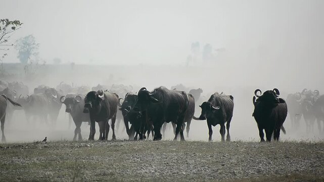 View of a large herd of water buffaloes walking through a dusty field under a hazy sky in Bogura, Rajshahi Division, Bangladesh.
