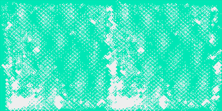 Abstract halftone geometric pattern with turquoise and white glitch effect background.
