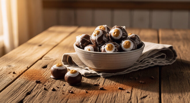 Buckeyes candy served in a ceramic bowl on a rustic wooden table with a soft light aesthetic perfect for a delicious holiday treat or homemade dessert