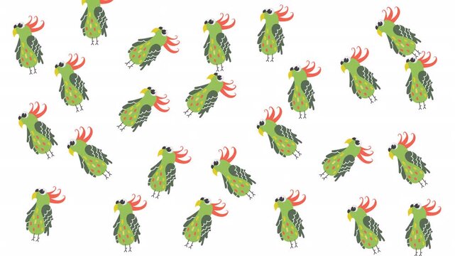 Multiple green cockatoo illustrations on white background for use in patterns, wallpaper, fabrics, or decorative elements with a playful theme.