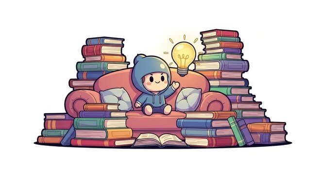 Education - Cute Cartoon Character Sitting on Couch Surrounded by Colorful Book Stacks with Glowing Light Bulb Idea
