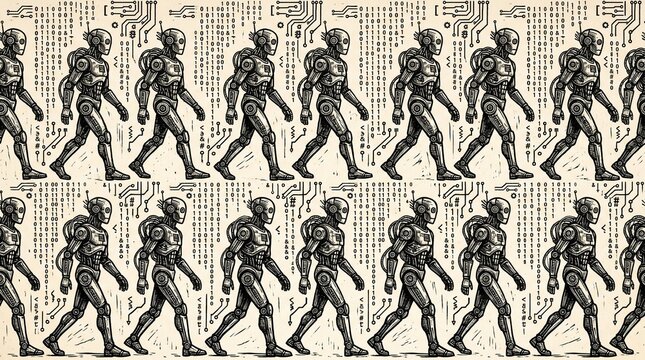 Futuristic Robot Linocut Pattern Design