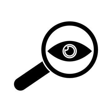 Minimal eye inside magnifying glass line icon isolated on gray background. Modern outline symbol representing search, vision, inspection, visibility, monitoring, and focus.