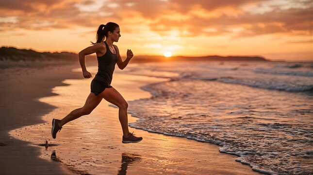 Athletic woman running along the beach at sunrise for fitness exercise