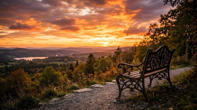 Empty metal park bench on a mountain trail overlooking a sunset valley