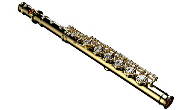 Golden flute on white background closeup.