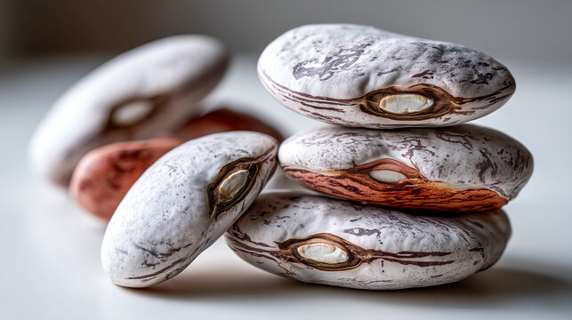 Close up of speckled dry kidney beans stacked on surface with speckled nutrition ingredient