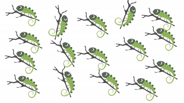 Multiple green cartoon chameleons perched on brown leafless tree branches. Suitable for naturethemed designs, childrens illustrations, and wildliferelated content.