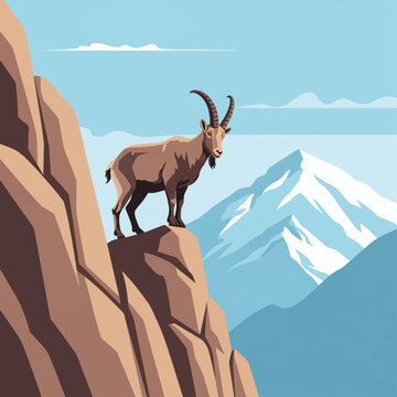Vector illustration of an Alpine ibex with curved horns standing on a rocky cliff edge, overlooking a vast mountain range with snow-capped peaks and blue sky in a flat design style.
