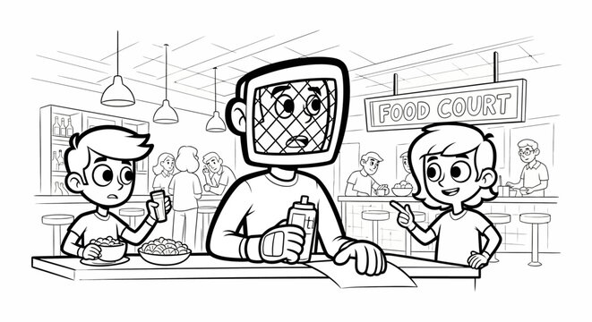 Cartoon robot with television head at diner with kids.