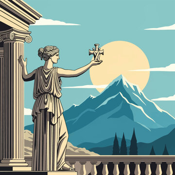 Vector illustration of an ancient Greek woman in traditional robe standing by a Doric column on a balcony, holding a religious symbol against a mountain and sun background.