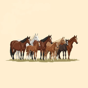 Vector illustration showing a diverse herd of horses including mares and young foals in various coat colors like bay, chestnut, grey, and black, standing on a patch of grass.