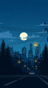 Minimalist vector illustration of an urban city skyline at night featuring a large full moon, starry sky, pine trees, glowing street lamps, and a car driving on a quiet road.