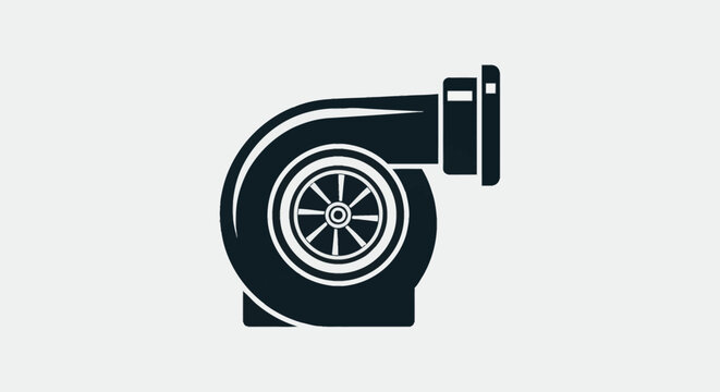 Black flat vector icon of an automotive turbocharger featuring turbine wheel and compressor housing details, isolated on white background for mechanical and engine performance design.