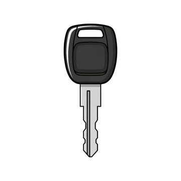 Vector illustration of a modern car ignition key with a black plastic grip and a silver serrated metal blade, isolated on a white background for automotive security concepts.